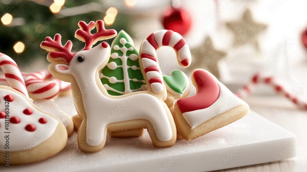 Obraz premium Festive sugar cookies in classic holiday shapes like reindeer, candy canes, and stockings, decorated with red and green icing.