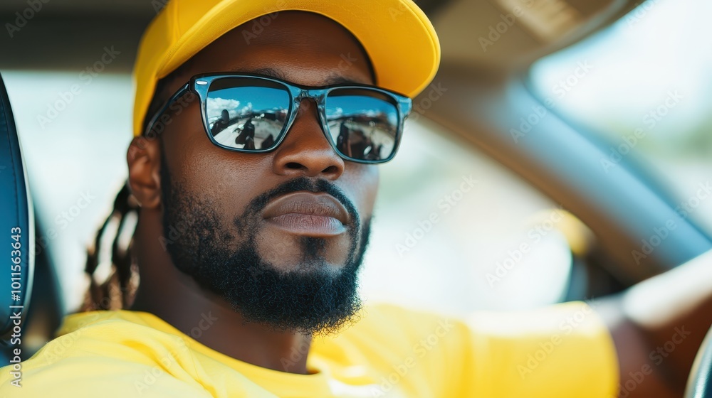 A stylish and confident man wearing a yellow cap and sunglasses, driving a modern car, exuding a sense of fashion and urban lifestyle. A stylish and confident man wearing a yellow cap and sunglasses, driving a modern car, exuding a sense of fashion and urban lifestyle.