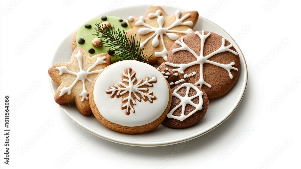 Fototapeta premium Isolated plate of assorted Christmas cookies, with intricate icing designs, on a clean white surface.