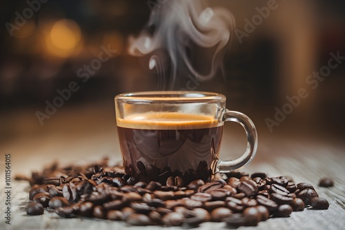 Steaming coffee in glass mug, wooden surface, beans scattered around