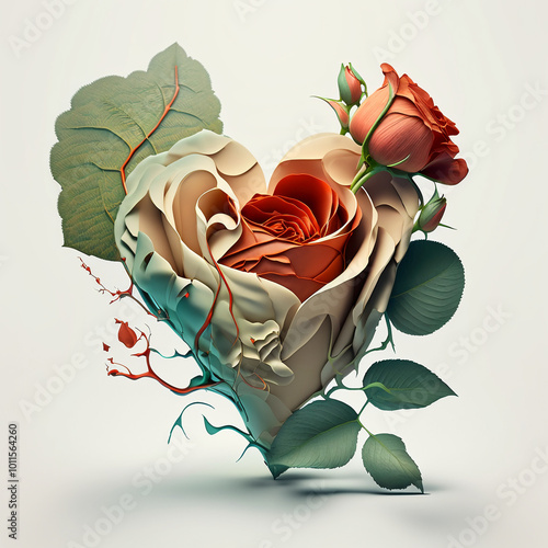 Coeur de couleur blanche et rouge avec des fleurs et des roses, illustration en 3D du coeur humain