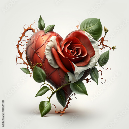 Coeur de couleur blanche et rouge avec des fleurs et des roses, illustration en 3D du coeur humain