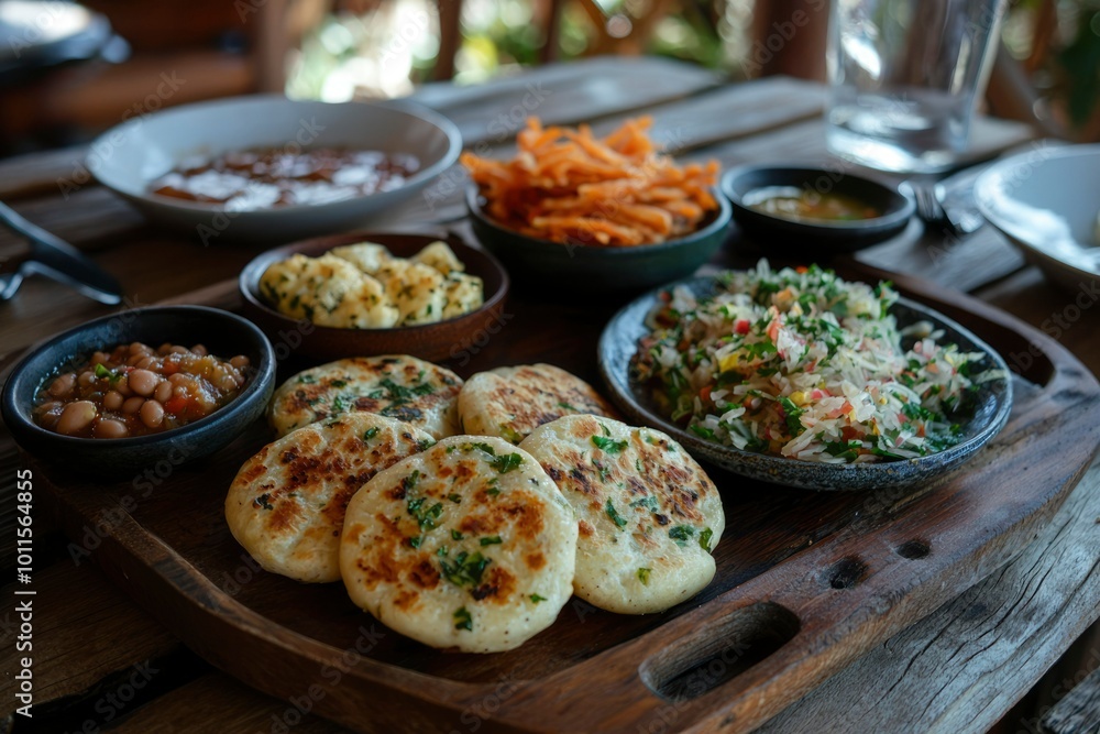 A rustic wooden serving tray filled with a variety of dishes, including fried bread, beans, salad, and vegetables. A rustic wooden serving tray filled with a variety of dishes, including fried bread, beans, salad, and vegetables.