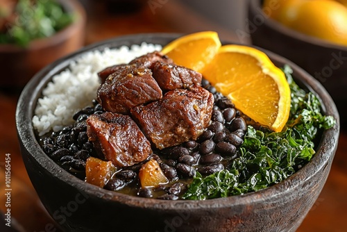 Brazilian Feijoada with Rice, Greens, and Orange Slices photo