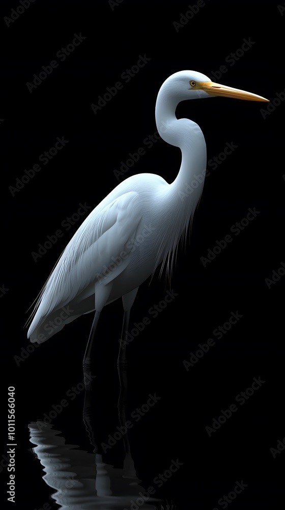 Fototapeta premium Great Egret Bird on Black Background, Photo Realistic, Pattern Background, Wallpaper, Cover and Screen for Smartphone, PC, Laptop, 9:16 and 16:9 Format