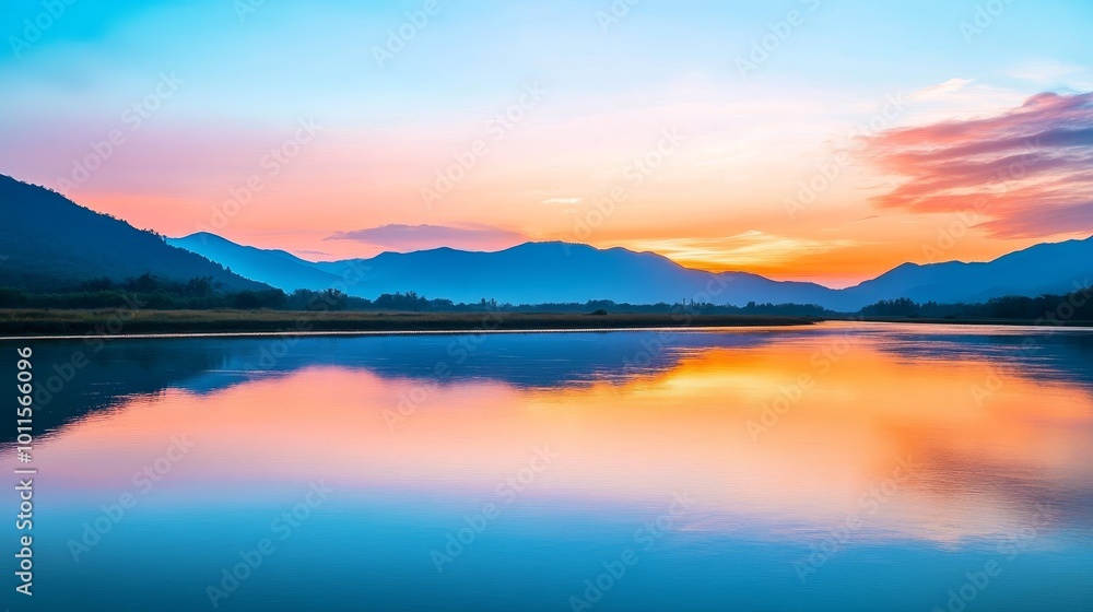 Fototapeta premium Serene Sunset Reflection, tranquil river merging with distant mountains, embodying harmony, balance, and peaceful energy in nature