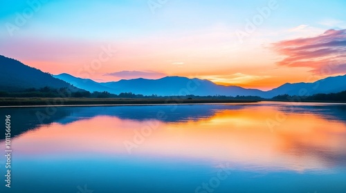 Serene Sunset Reflection, tranquil river merging with distant mountains, embodying harmony, balance, and peaceful energy in nature