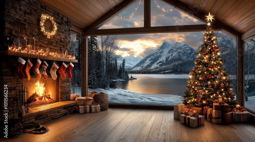 A cozy cabin scene featuring a beautifully decorated Christmas tree, a warm fireplace, and a stunning view of snow-covered mountains and a lake.