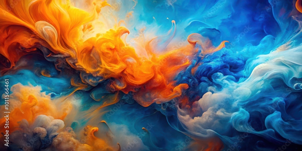 Obraz premium Abstract Swirls of Blue, Orange, and White Ink Blend in a Surreal and Ethereal Display