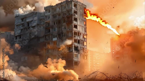 A scene of a destroyed building amidst explosions and smoke, indicating a dramatic event like war or disaster. photo