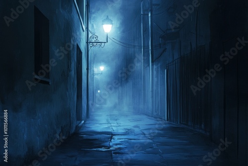 dark gloomy city street at night. background for crime. Evening landscape of city alley. Gloomy sidewalk is there in foggy weather. Night road without lights - generateive ai