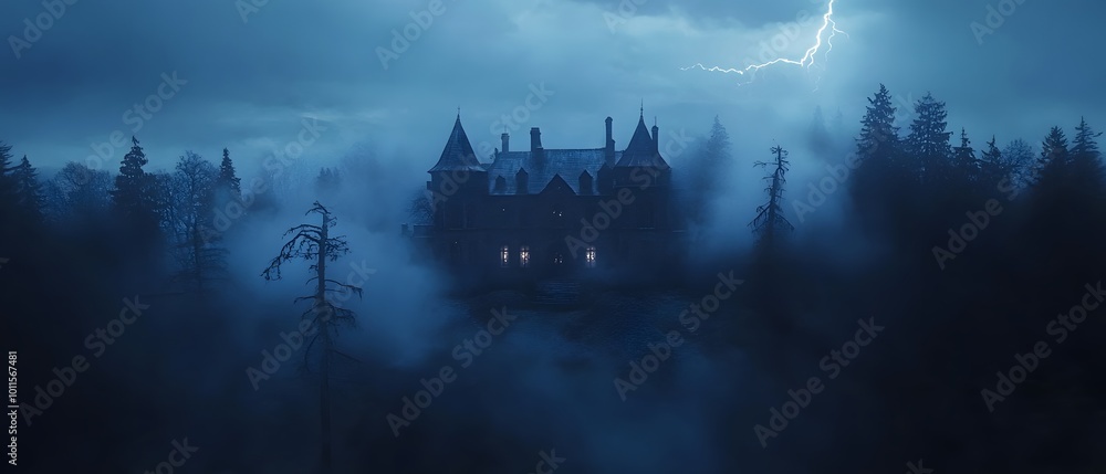 Fototapeta premium A spooky, gothic mansion shrouded in mist during a stormy night.