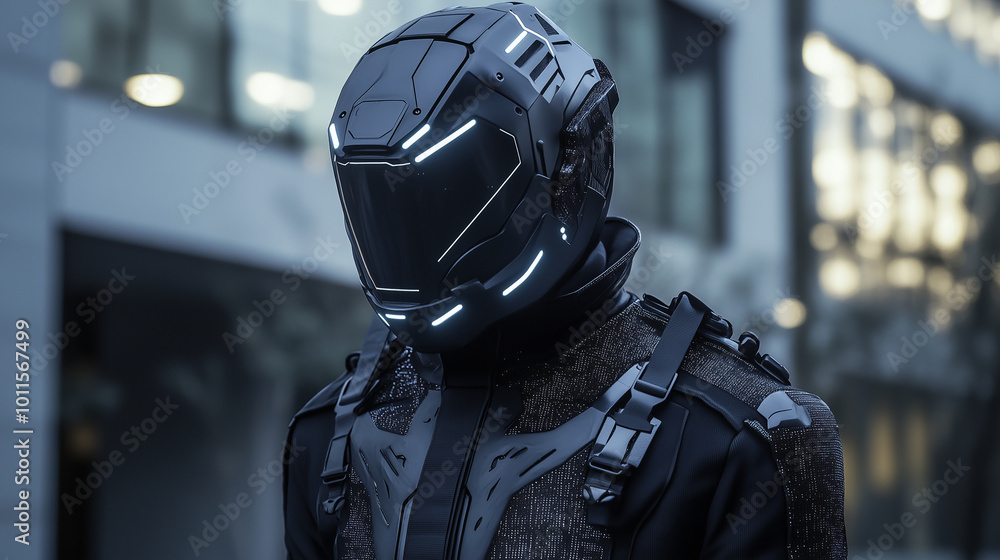 Person in futuristic cyber suit wearing helmet Person in futuristic cyber suit wearing helmet