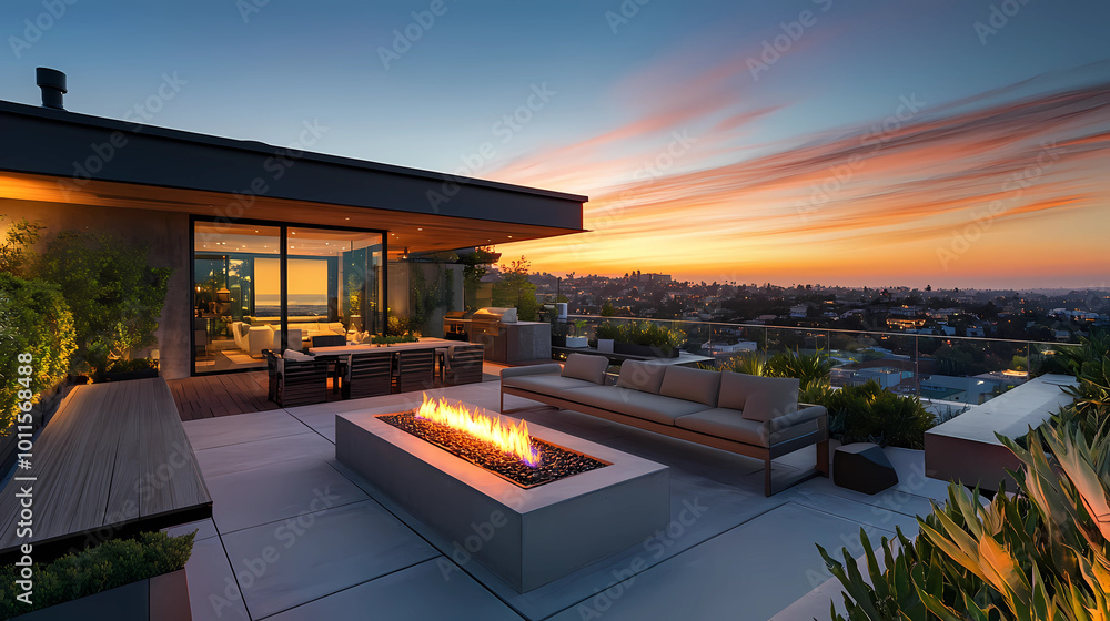 Fototapeta premium Golden Hour Haven: Modern Rooftop Patio with Fire Pit and Lush Greenery