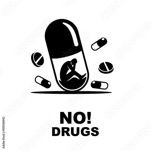 NO Drugs concept. Drug addicted girl. A big jar of prohibited substances. International day protection. World Drug Protection Day. Awareness of people. Vector illustration flat design.
