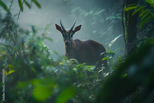 A small deer with large, dark horns stands in a forest clearing, looking directly at the camera. photo