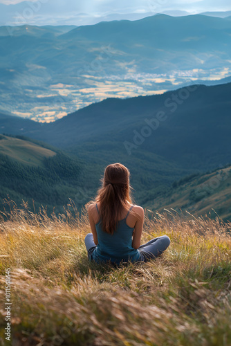 Serene Woman Meditating Amidst Majestic Mountain Landscape: Nature's Calm Retreat