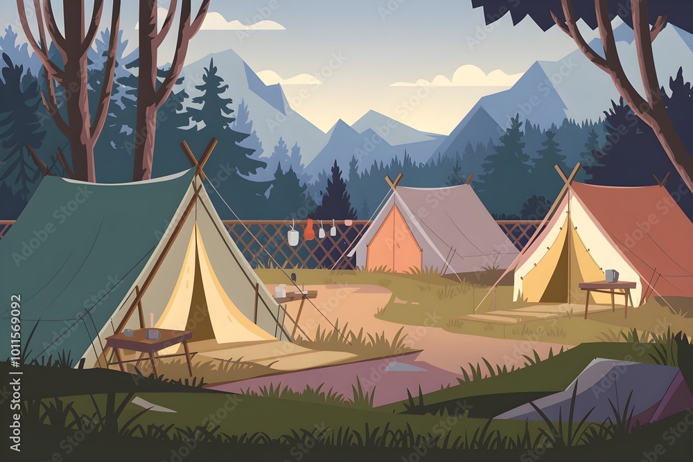 Tents and trees in golden light at dawn or dusk, peaceful campsite Tents and trees in golden light at dawn or dusk, peaceful campsite