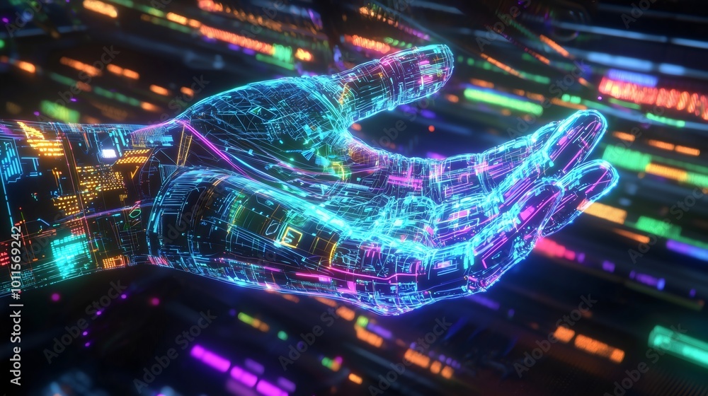 A holographic display of a human hand created in a virtual world, artificial intelligence that has generated a human hand. A holographic display of a human hand created in a virtual world, artificial intelligence that has generated a human hand.