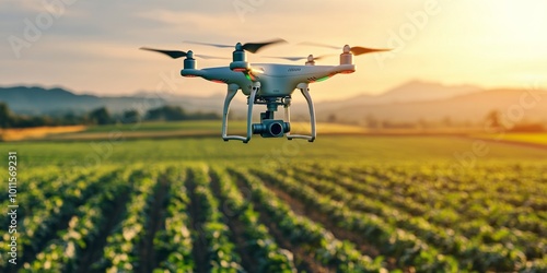 Drone Flying Over a Farm Field at Sunset