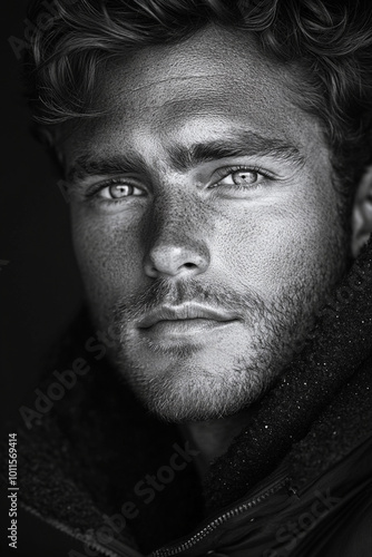 black and white portrait of handsome man with stubble and specks of freckles