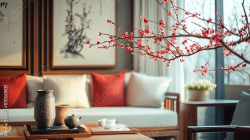 Obraz na płótnie Contemporary Home with Traditional Feng Shui Plum Blossoms, symbolizing resilience and renewal in modern living spaces w salonie