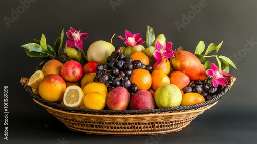 Abundant Fruit Basket in Feng Shui Harmony, showcasing ripe fruits in a balanced arrangement, symbolizing prosperity and well-being.