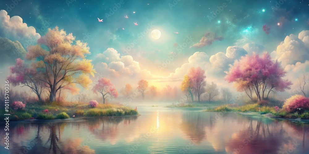 A Serene Landscape with Trees, a Lake, and a Full Moon in a Dreamy Sky A Serene Landscape with Trees, a Lake, and a Full Moon in a Dreamy Sky
