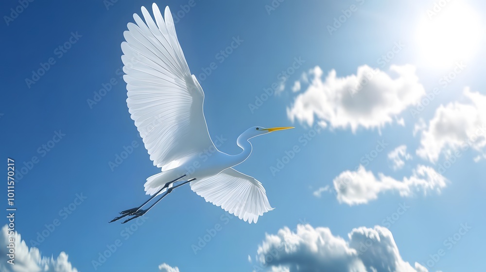 Fototapeta premium Great Egret Bird Flying in Nature Under Blue Sky, Photo Realistic, Pattern Background, Wallpaper, Cover and Screen for Smartphone, PC, Laptop, 9:16 and 16:9 Format