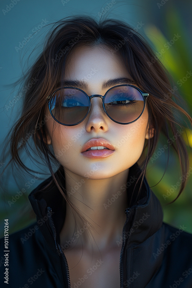 beautiful woman wearing sunglasses and black jacket - close up portrait of a young woman with a serious expression, sunlight, outdoors, summer, fashion beautiful woman wearing sunglasses and black jacket - close up portrait of a young woman with a serious expression, sunlight, outdoors, summer, fashion