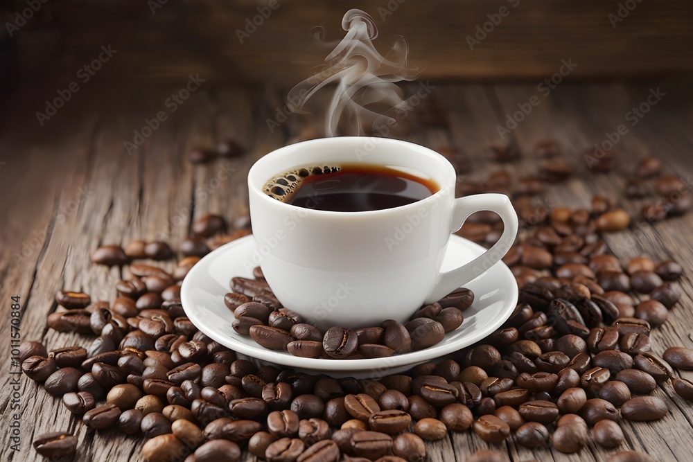 Steaming coffee cup with beans on rustic surface, warm and cozy scene Steaming coffee cup with beans on rustic surface, warm and cozy scene