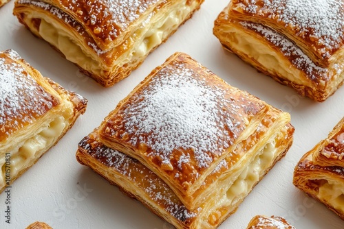 Close-up of Puff Pastry Squares with Cream Filling and Powdered Sugar photo