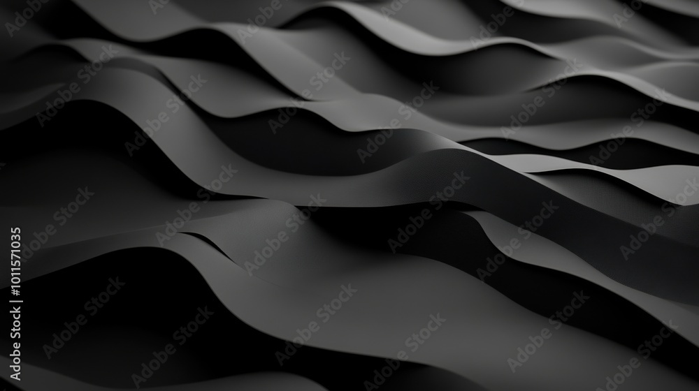 Abstract black paper waves, showcasing texture and depth on a dark background. Abstract black paper waves, showcasing texture and depth on a dark background.