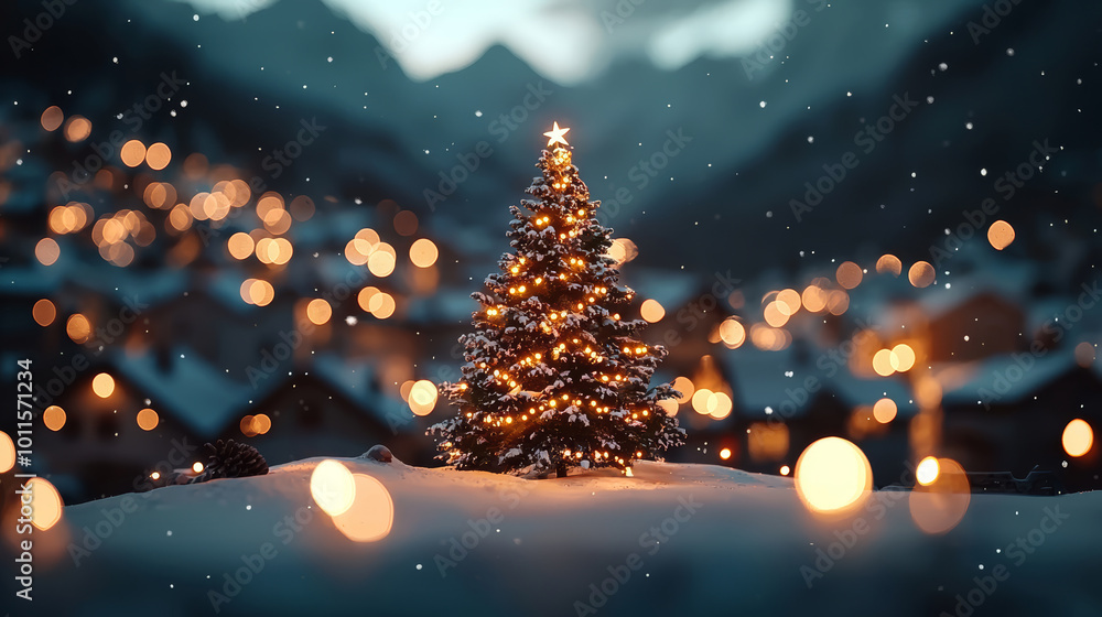 A beautiful Christmas tree adorned with lights and a star shines brightly in a snowy landscape, creating a magical winter wonderland atmosphere. A beautiful Christmas tree adorned with lights and a star shines brightly in a snowy landscape, creating a magical winter wonderland atmosphere.