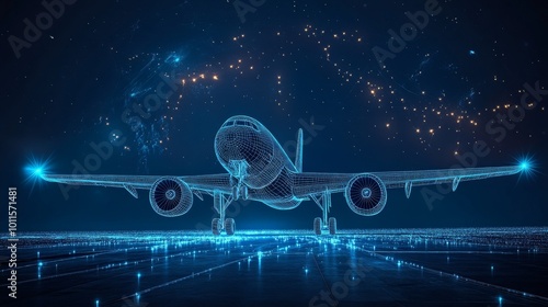A Holographic Airplane Taking off Against a Cosmic Starry Background at Night