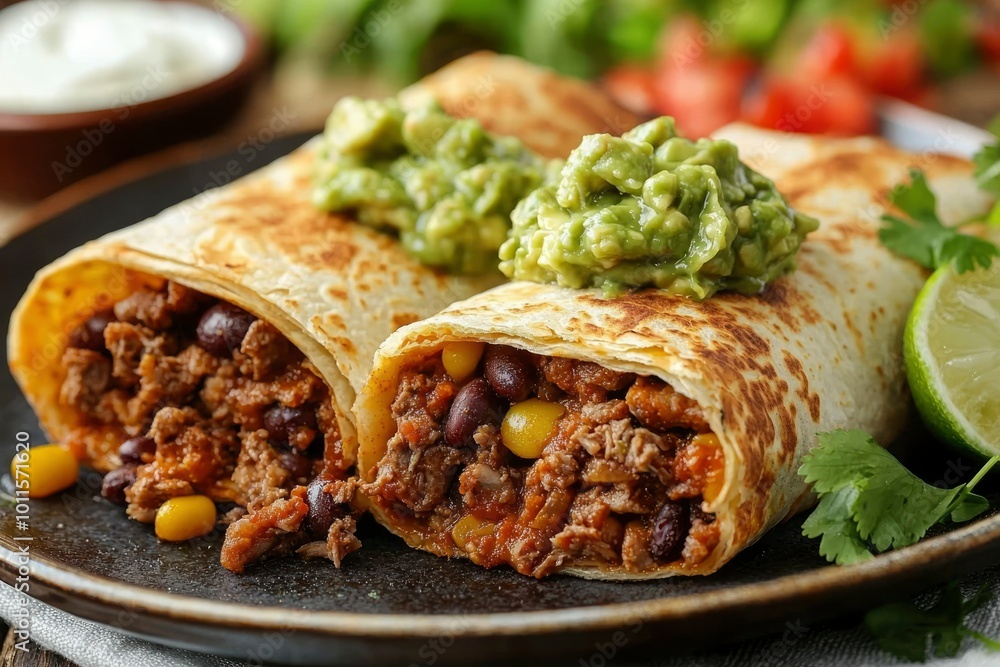 Two Beef Burritos with Guacamole and Cilantro on a Black Plate Two Beef Burritos with Guacamole and Cilantro on a Black Plate