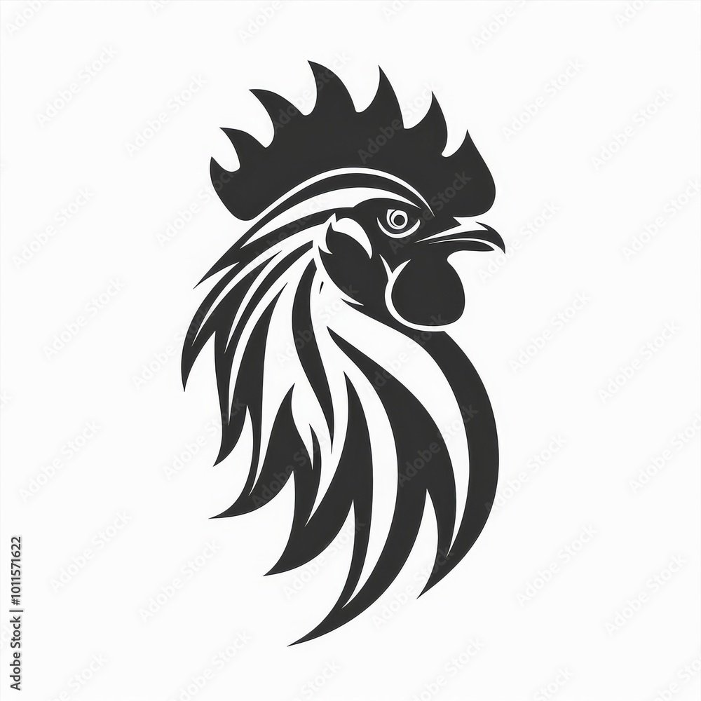 A Stylized Black Rooster Illustration Showcasing Intricate Feather Details on a White Background A Stylized Black Rooster Illustration Showcasing Intricate Feather Details on a White Background
