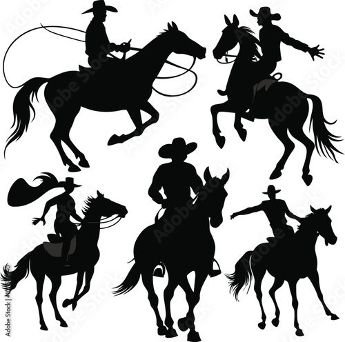 A set of dynamic, black silhouette illustrations of cowboys riding horses. Hand drown horse vector.