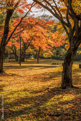 Autumn colors blanket a serene landscape in a tranquil park, showcasing vibrant red and orange foliage under soft sunlight