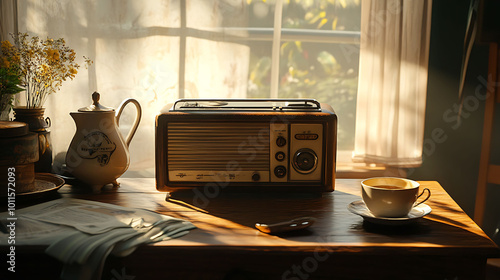 A vintage radio sits on a wooden table next to a cup of tea and a teapot. Sunbeams stream through the window behind. photo