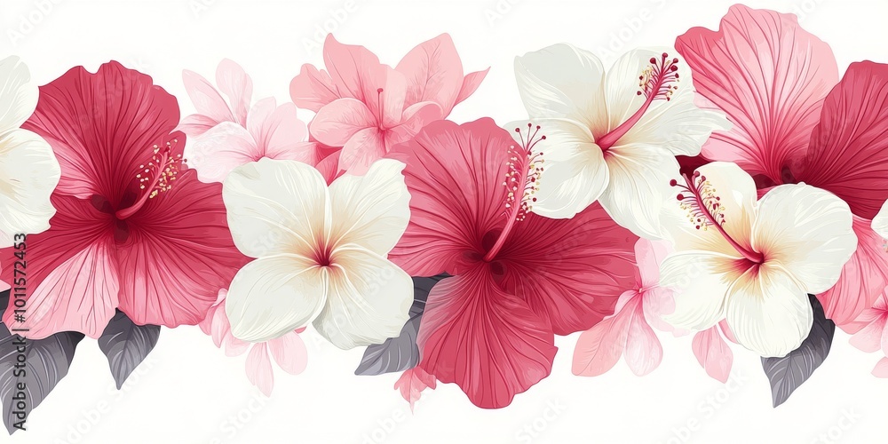 Vibrant Hibiscus Flowers in Various Shades Adorn a Floral Arrangement With Pink and White Accents Vibrant Hibiscus Flowers in Various Shades Adorn a Floral Arrangement With Pink and White Accents