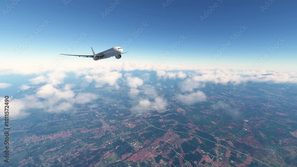 Airliner aircraft flying high above clouds and sky Airliner aircraft flying high above clouds and sky