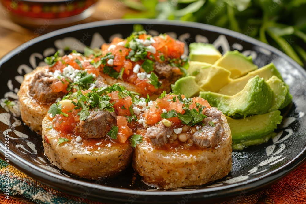 Grilled Corn Cakes Topped with Tomato, Beef, and Avocado Slices Grilled Corn Cakes Topped with Tomato, Beef, and Avocado Slices