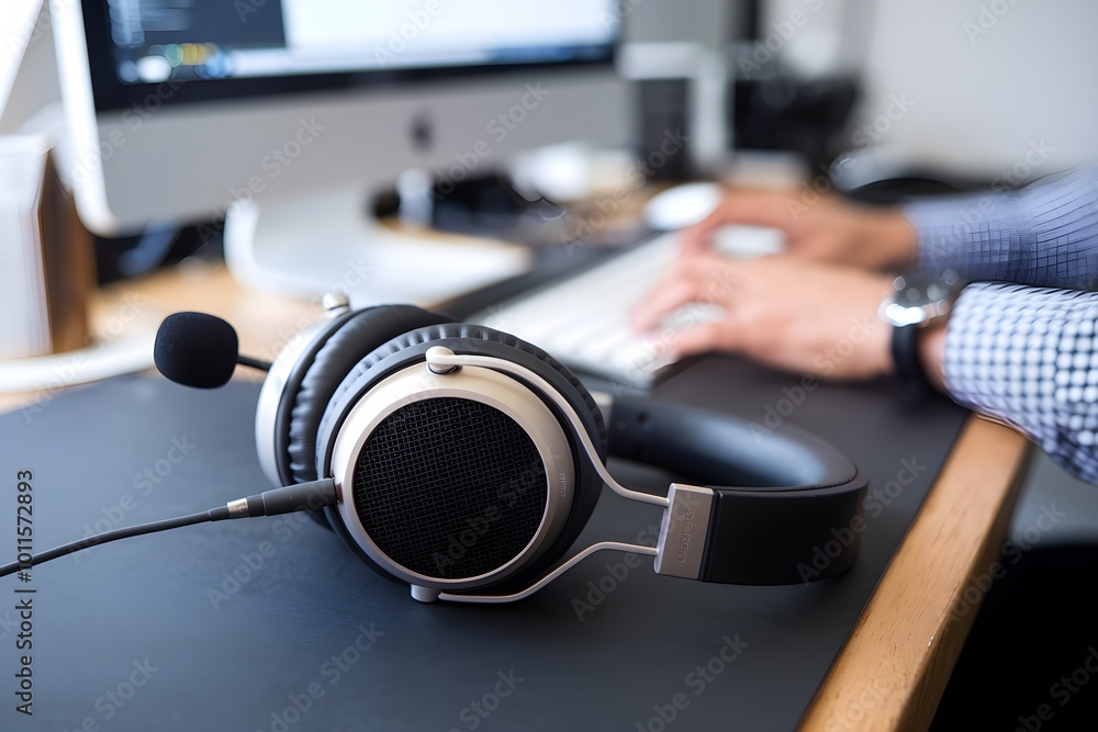 Headphones with microphone on desk, blurred hands typing behind Headphones with microphone on desk, blurred hands typing behind