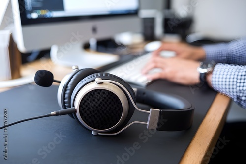 Headphones with microphone on desk, blurred hands typing behind photo