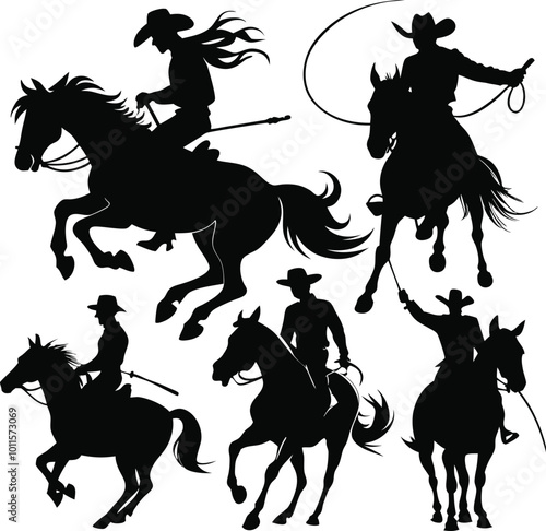 A set of dynamic, black silhouette illustrations of cowboys riding horses. Hand drown horse vector.