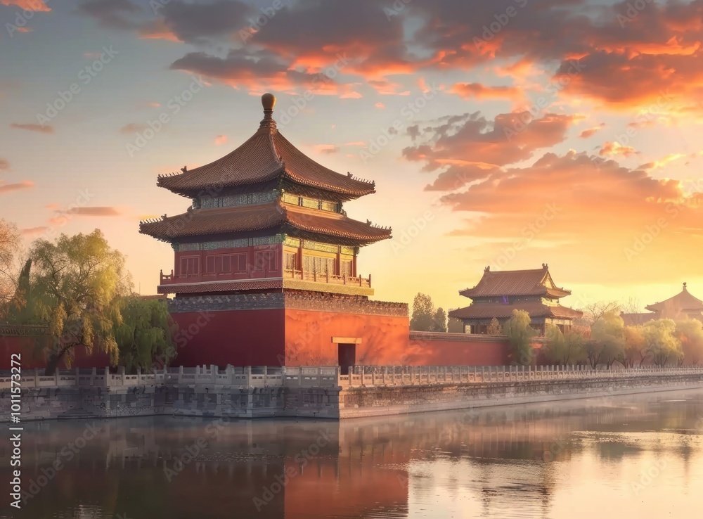 Fototapeta premium ancient Chinese architecture and river