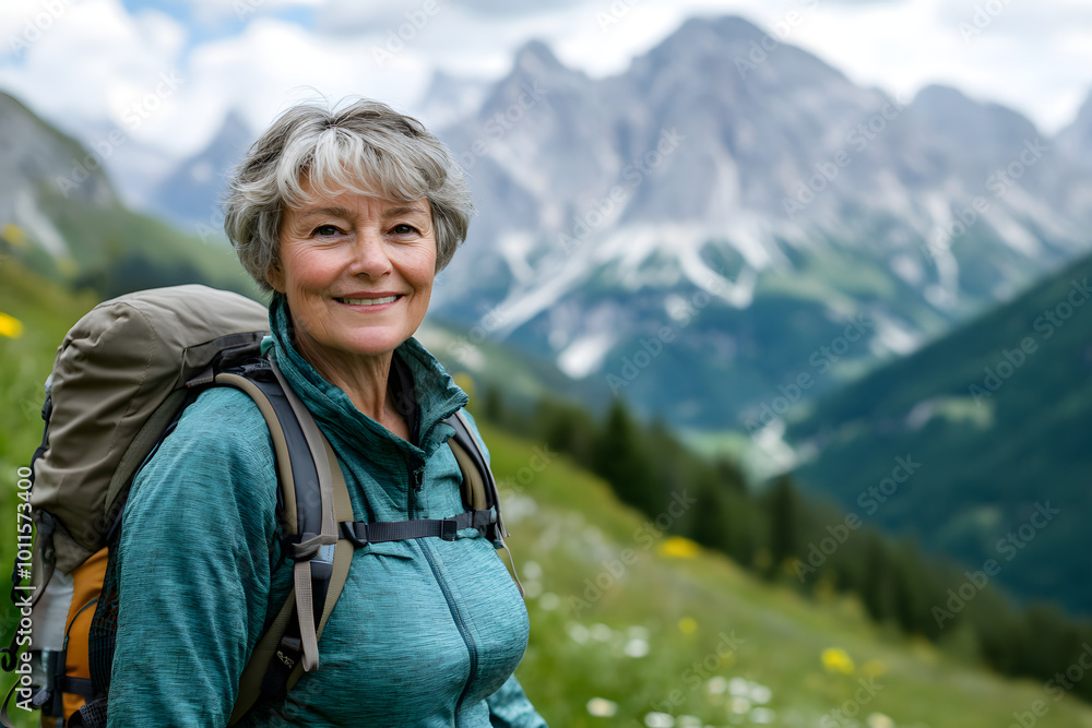Smiling Senior Female Hiker in Scenic Mountain Landscape with Wildflowers and Lush Greenery Smiling Senior Female Hiker in Scenic Mountain Landscape with Wildflowers and Lush Greenery