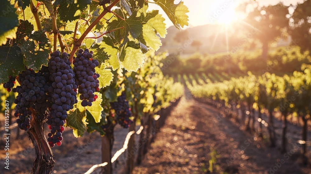 A sprawling vineyard with grapes hanging heavy on the vines, sunlight filtering through the leaves A sprawling vineyard with grapes hanging heavy on the vines, sunlight filtering through the leaves