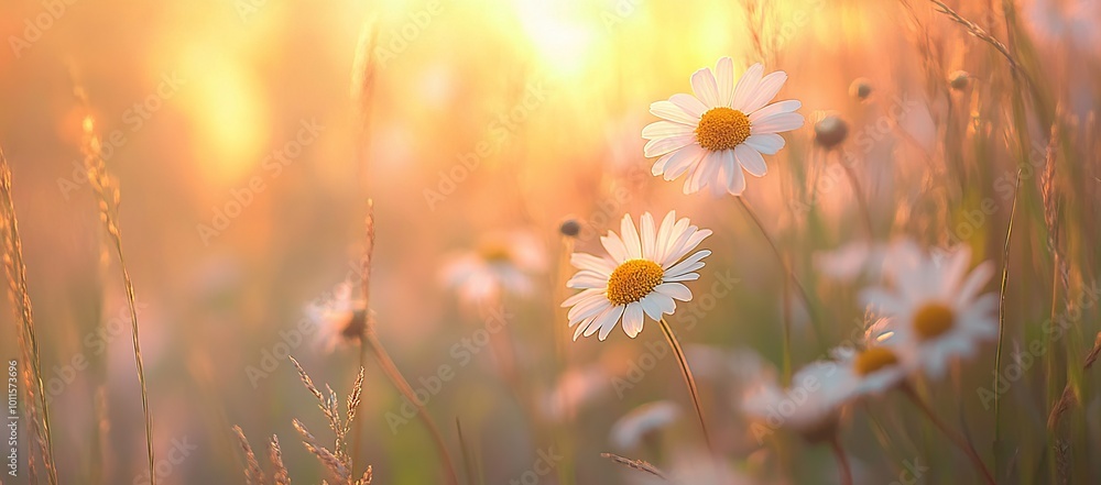 Daisies in Sunset Glow Creating a Dreamy Atmosphere. AI generated illustration Daisies in Sunset Glow Creating a Dreamy Atmosphere. AI generated illustration